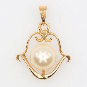 Vintage 14K Yellow Gold Open Scroll Frame Pearl Pendant Charm 1970s